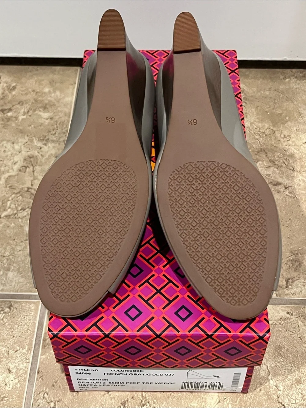 Tory Burch Gray Peep-Toe Wedges with Gold Logo